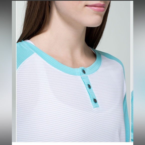 Lululemon top Runamuck Long Sleeve Henley shirt white turquoise blue - Picture 3 of 11
